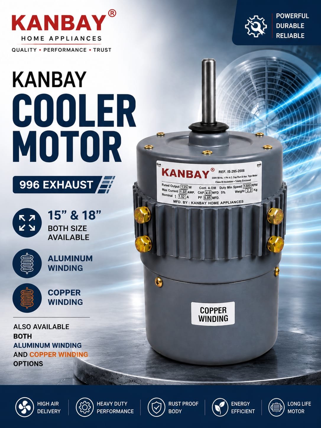 Kanbay 996 Exhaust Cooler Motor for 15″ & 18″ Coolers (135W, 1300 RPM, Copper/Aluminum Options)