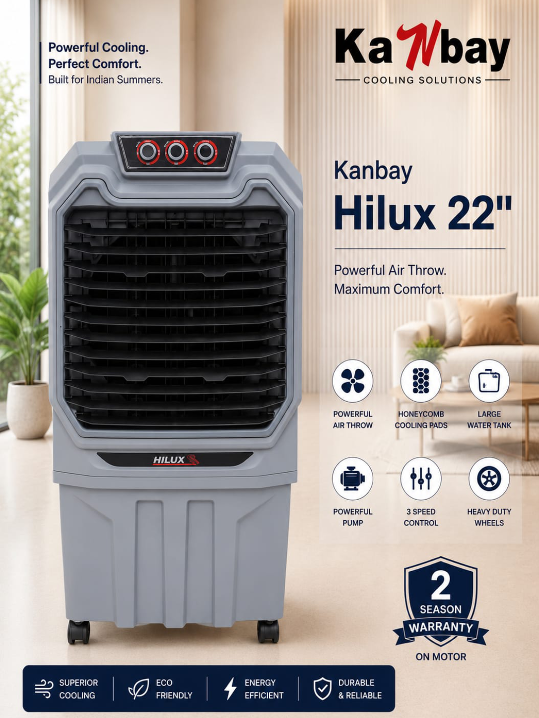 Kanbay Hilux 22″ Heavy Duty Air Cooler with Honeycomb Pads & Castor Wheels