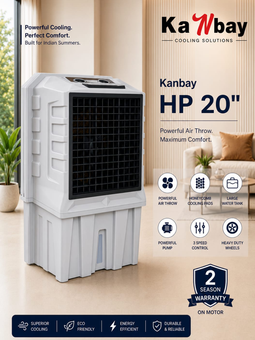 Kanbay HP 20″ Heavy Duty  Air Cooler with Honeycomb Pads & Heavy Duty Wheels