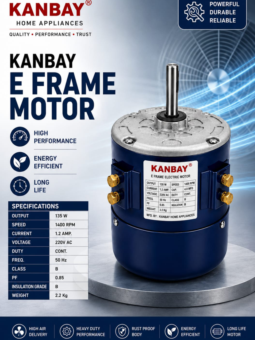 Kanbay E Frame High-Performance Electric Cooler Motor (135W, 1400 RPM)