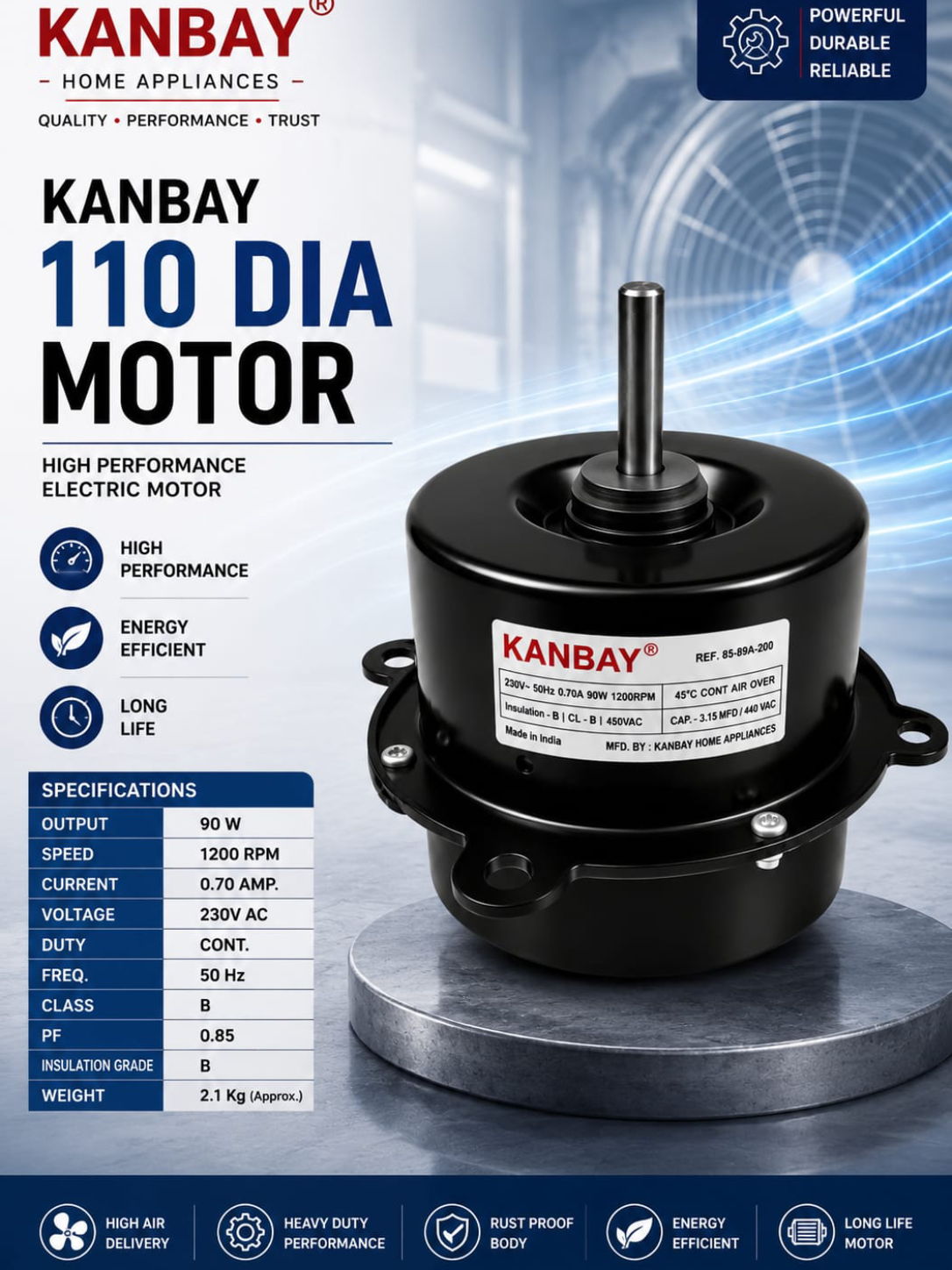 Kanbay 110 DIA High-Performance Electric Cooler Motor (90W, 1200 RPM)