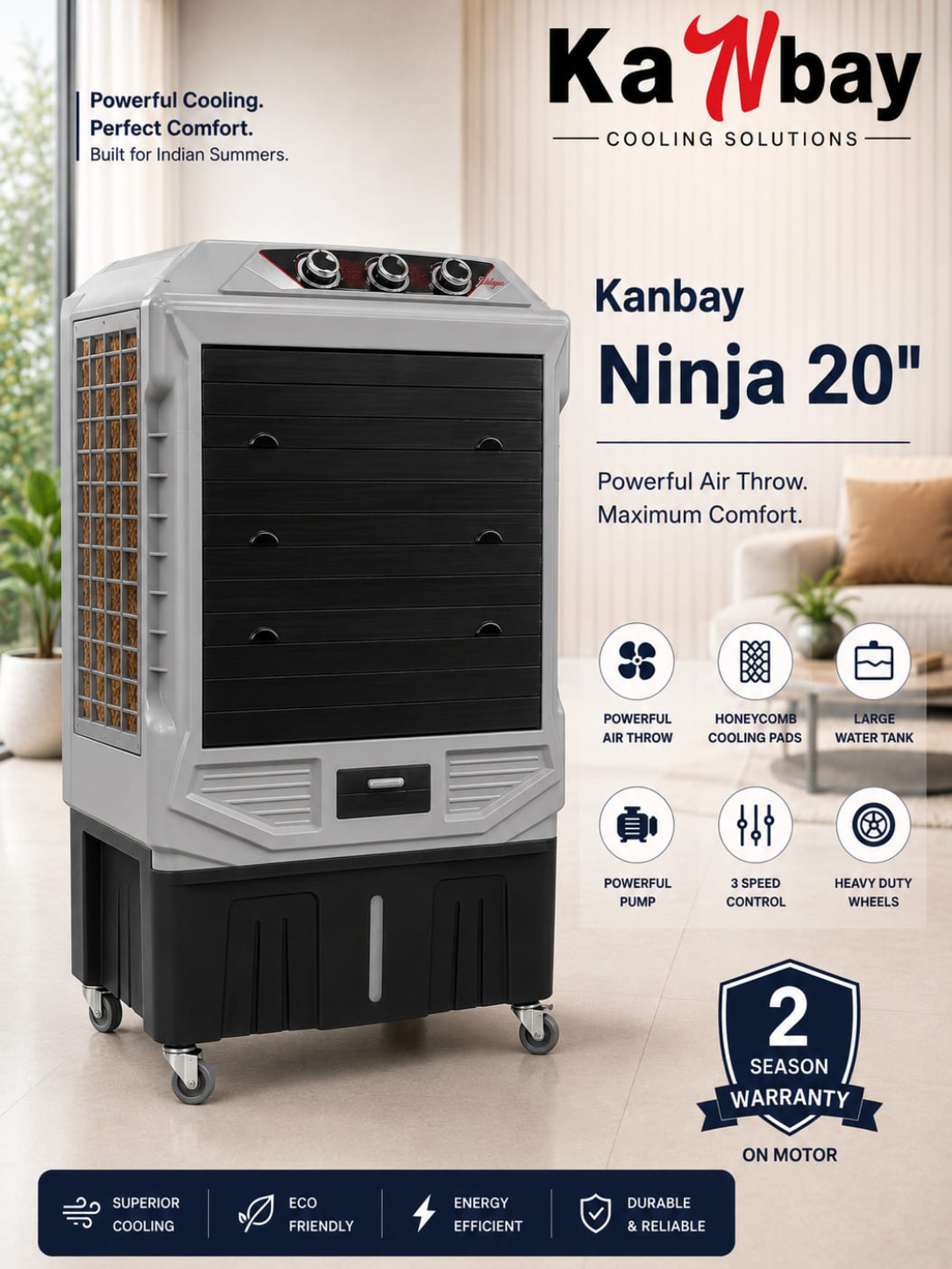 Kanbay Ninja 20″ Heavy Duty  Air Cooler with Honeycomb Pads & Castor Wheels