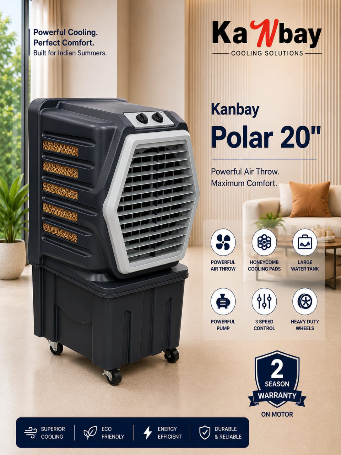 Kanbay Polar 20″ Heavy Duty  Air Cooler with Honeycomb Pads & Heavy Duty Wheels