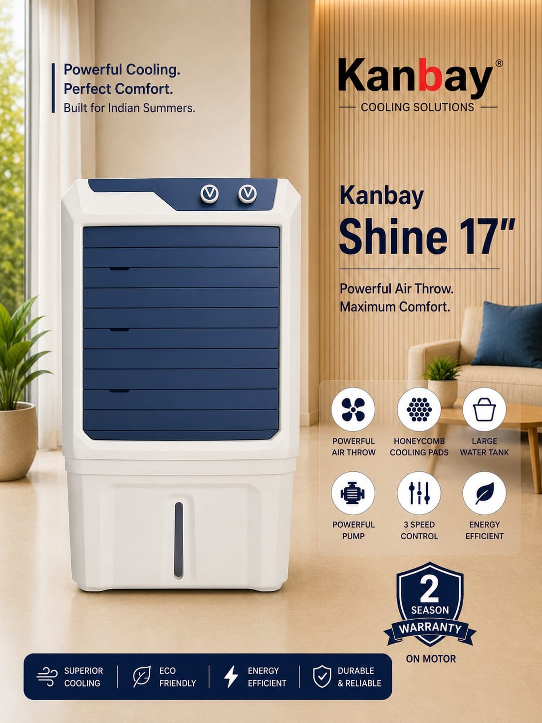 Kanbay Shine 17″ Air Cooler with Honeycomb Cooling Pads & Powerful Air Throw
