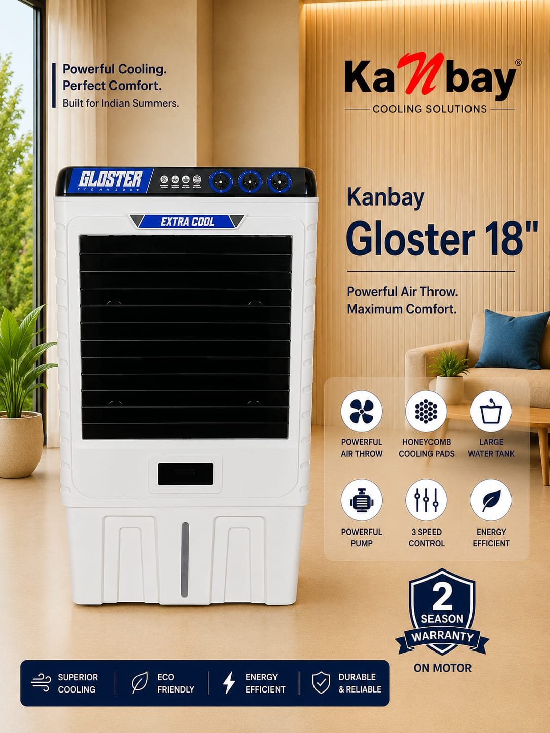 Kanbay Gloster 18″ Extra Cool  Air Cooler with Honeycomb Pads & Heavy Air Throw