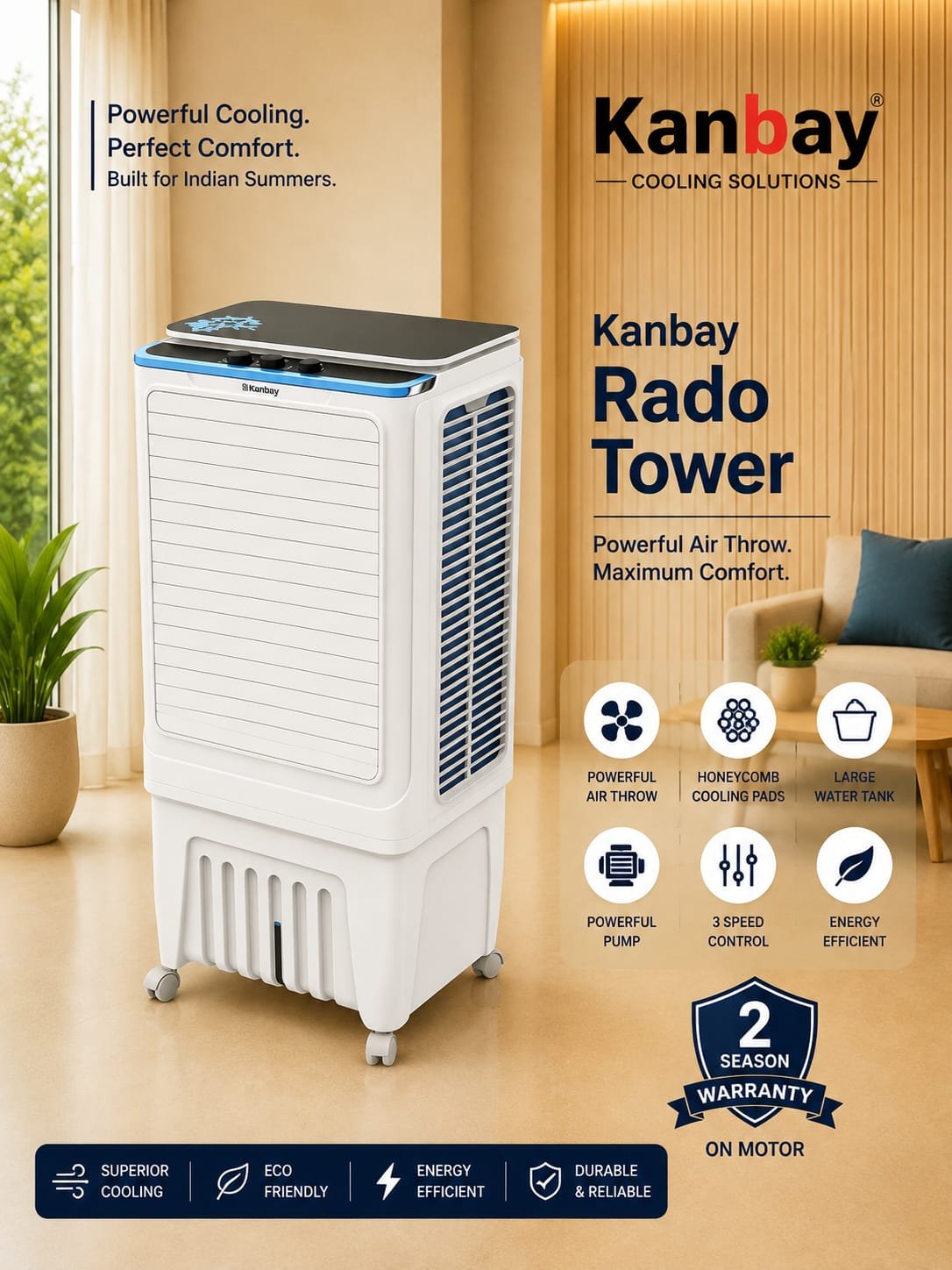Kanbay Rado Tower Air Cooler with Honeycomb Cooling Pads & Castor Wheels