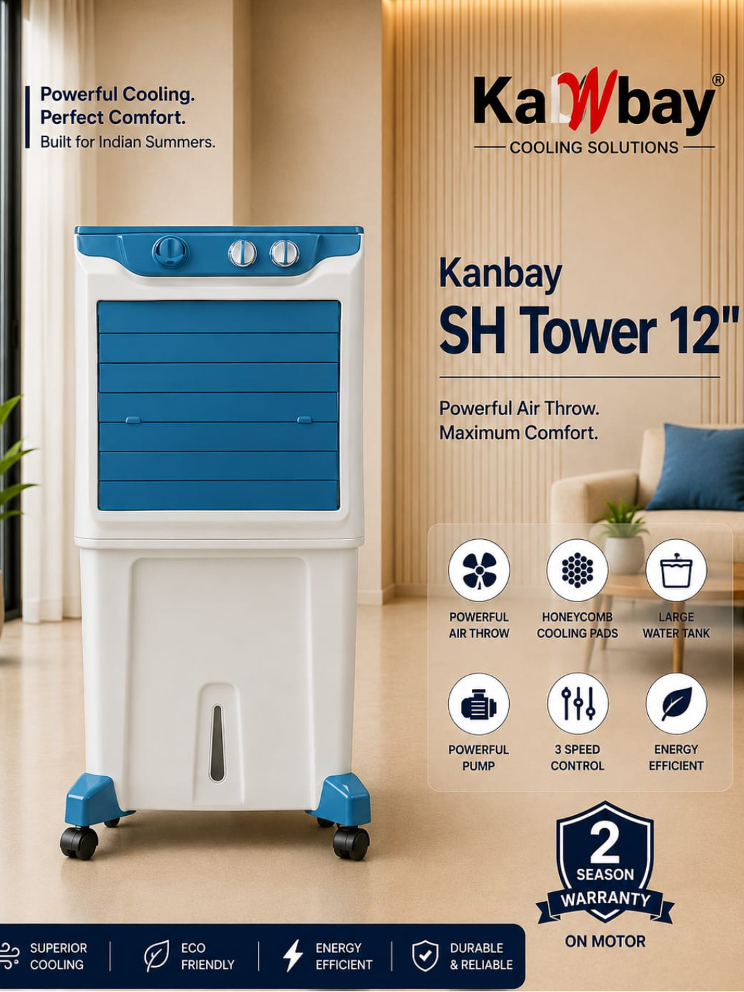 Kanbay SH Tower 12″ Personal Tower Air Cooler with Honeycomb Pads & Trolley Wheels