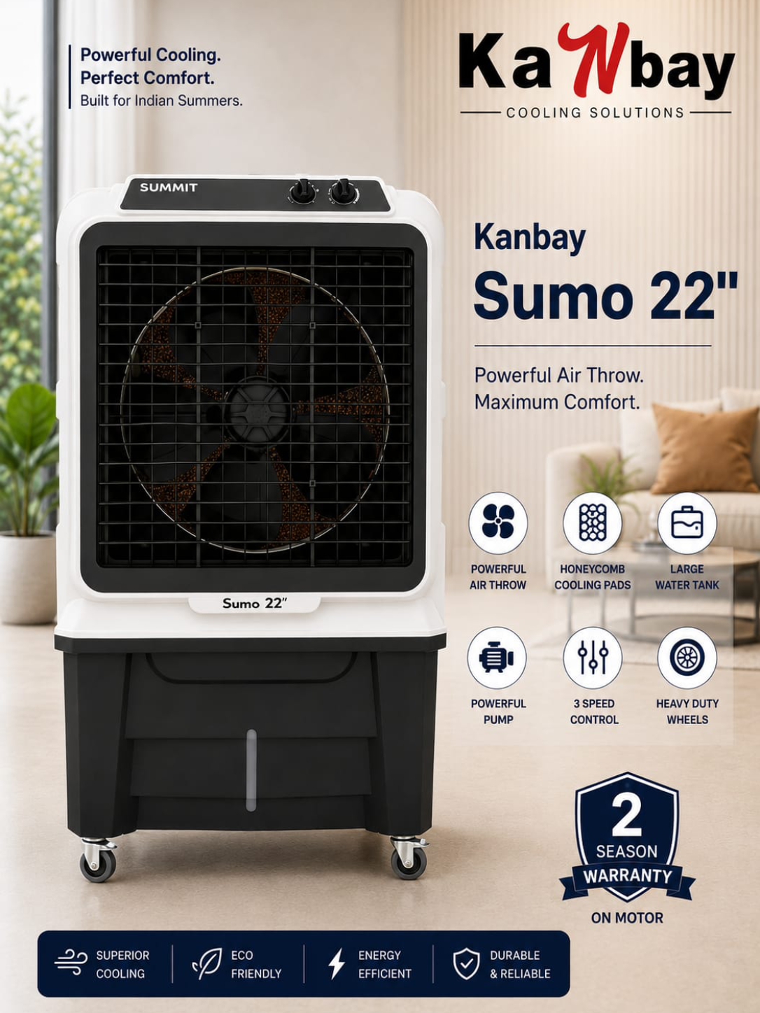 Kanbay Sumo 22″ Heavy Duty  Air Cooler with Honeycomb Pads & Heavy Duty Wheels